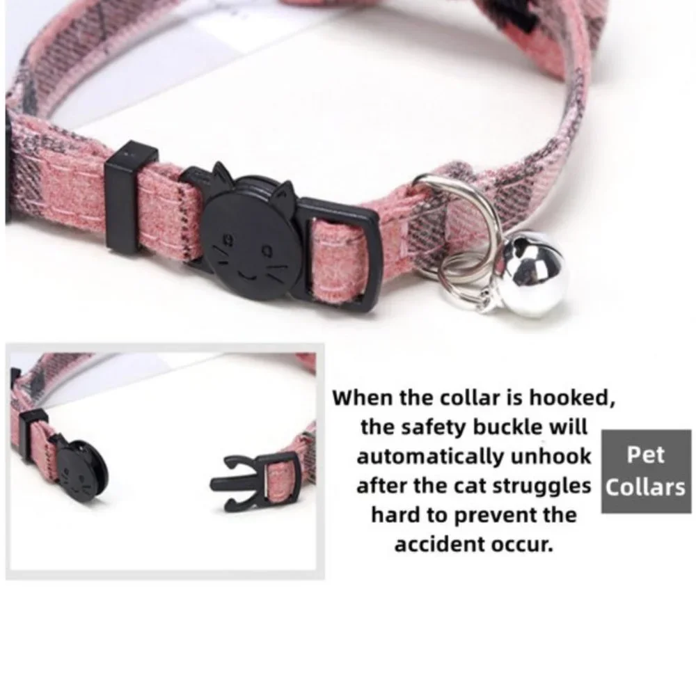 Pink and Grey Plaid Cat Break Away Collar With Bell And Detachable Bow